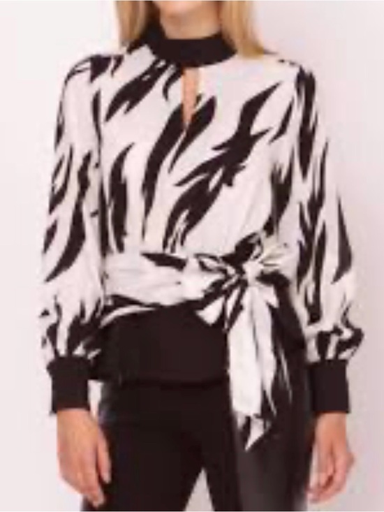Gracia Tops - Gracia Black & White Tie-Waist Long Sleeve Peplum Top